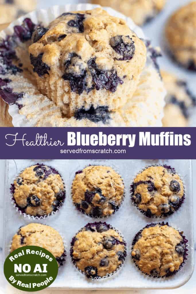 muffins in a tin and a hand holding one unwrapped and Pinterest pin text with NO AI Sticker.