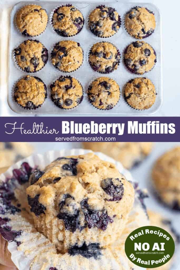 muffins in a tin and a hand holding one unwrapped and Pinterest pin text with NO AI sticker.