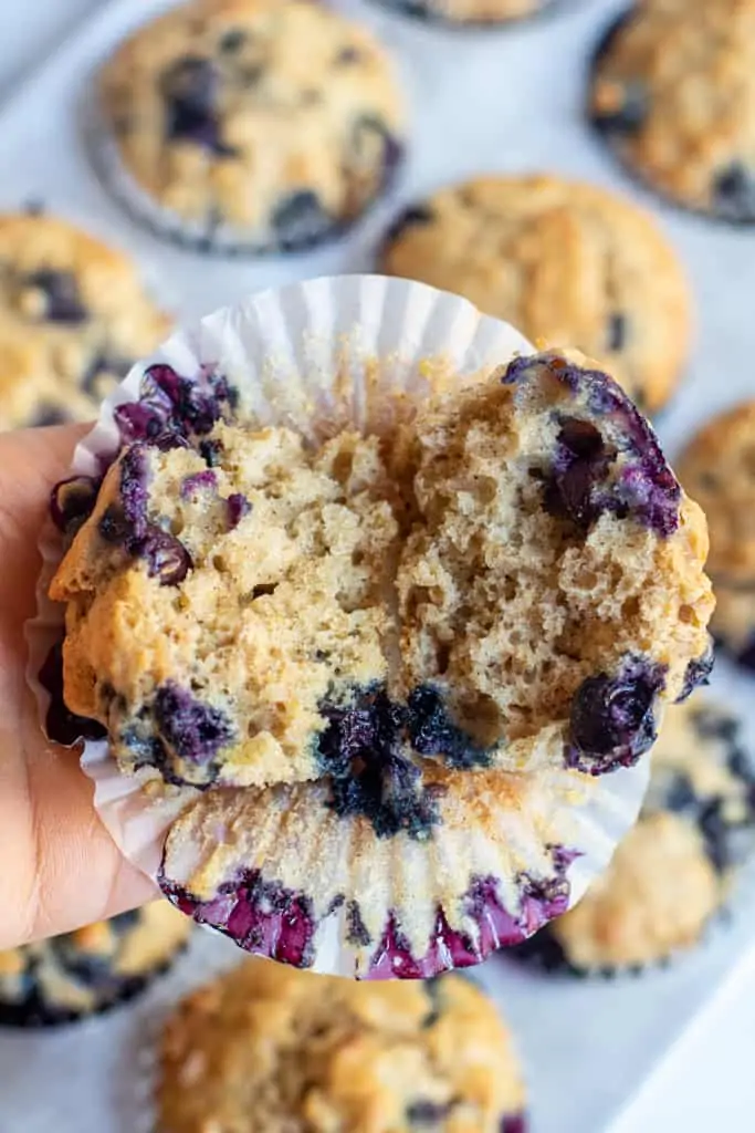 a halved blueberry muffin.