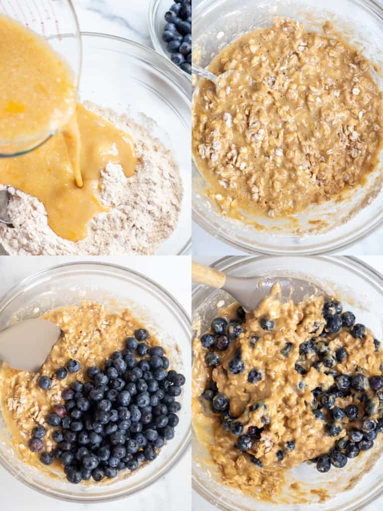 4 pictures of batter mixing, with blueberries, and all mixed in.