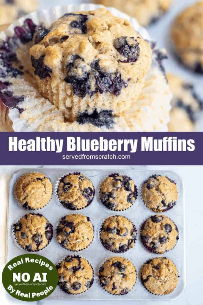 muffins in a tin and a hand holding one unwrapped and Pinterest pin text with NO AI Sticker.