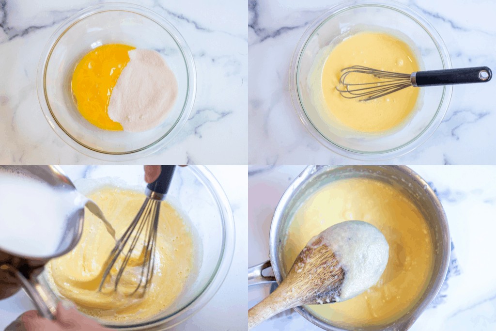 egg yolks and sugar in bowl, then whisked, then milk added, a pot with custard.