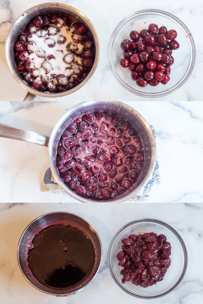 a pot with cherries and sugar, a bowl of cherries, cooked cherries, and a bowl with cherry juice and cooked cherries.