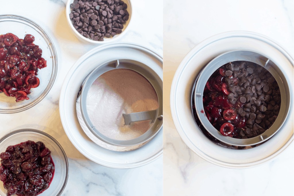 ice cream in a maker and then cherries, chocolate chips, and an ice cream maker churn with cherries and chocolate chips.