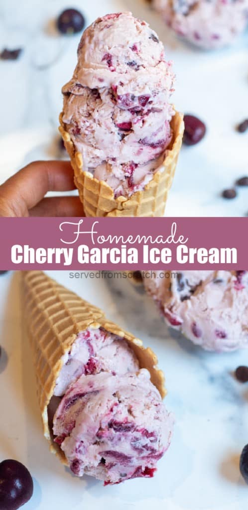 a hand holding an ice cream cone and ice cream cones on table with Pinterest pin text.