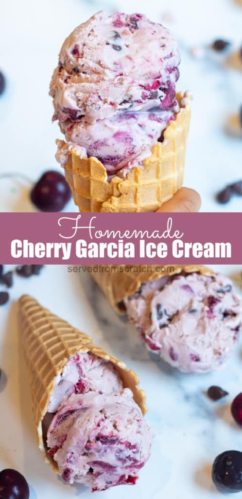 a hand holding an ice cream cone and ice cream cones on table with Pinterest pin text.