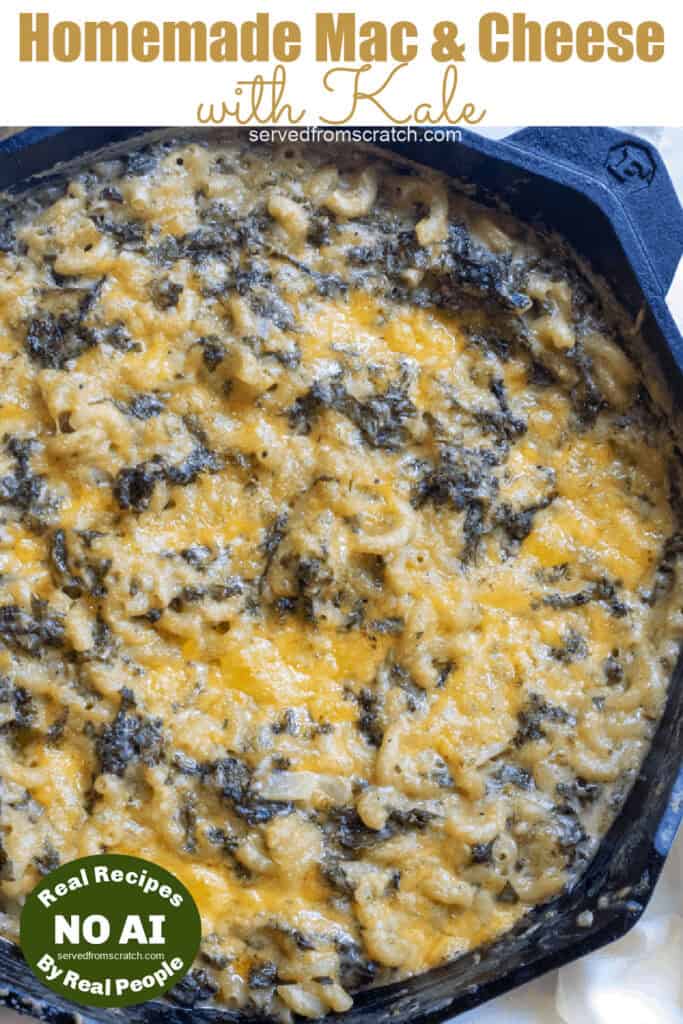 an overhead of a skillet of baked cheesy mac n cheese with PInterst pin text with NO AI sticker.