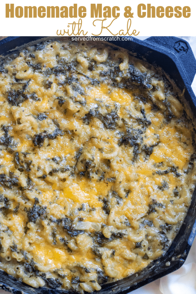a cast iron with baked mac and cheese with Pinterest pin text.