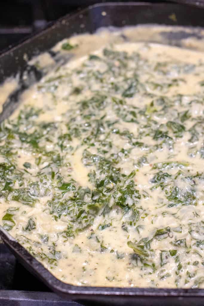 creamy cheesy sauce in a cast iron with kale.