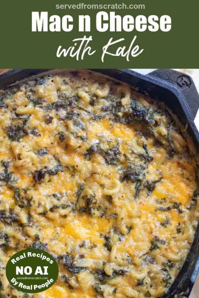 an overhead of a skillet of baked cheesy mac n cheese with PInterst pin text with NO AI sticker.