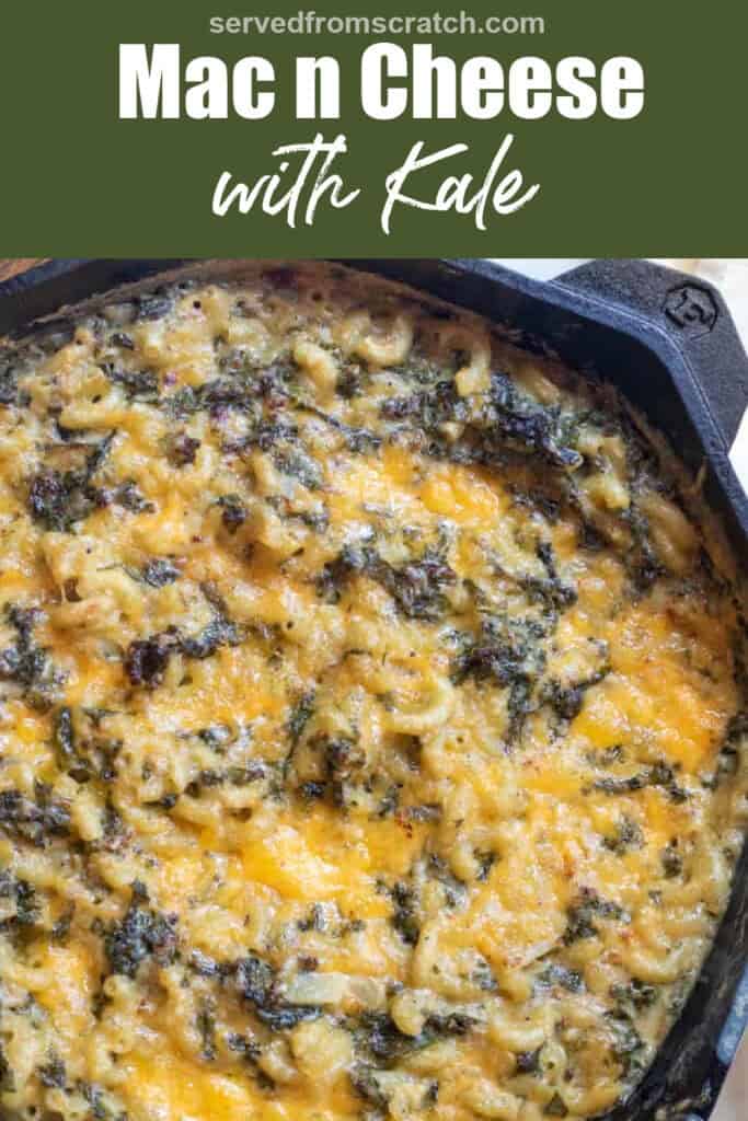 an overhead of a skillet of baked cheesy mac n cheese with PInterst pin text.