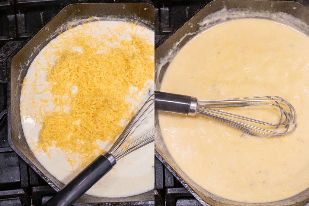 side by side of cheese in a skillet and whisked in.