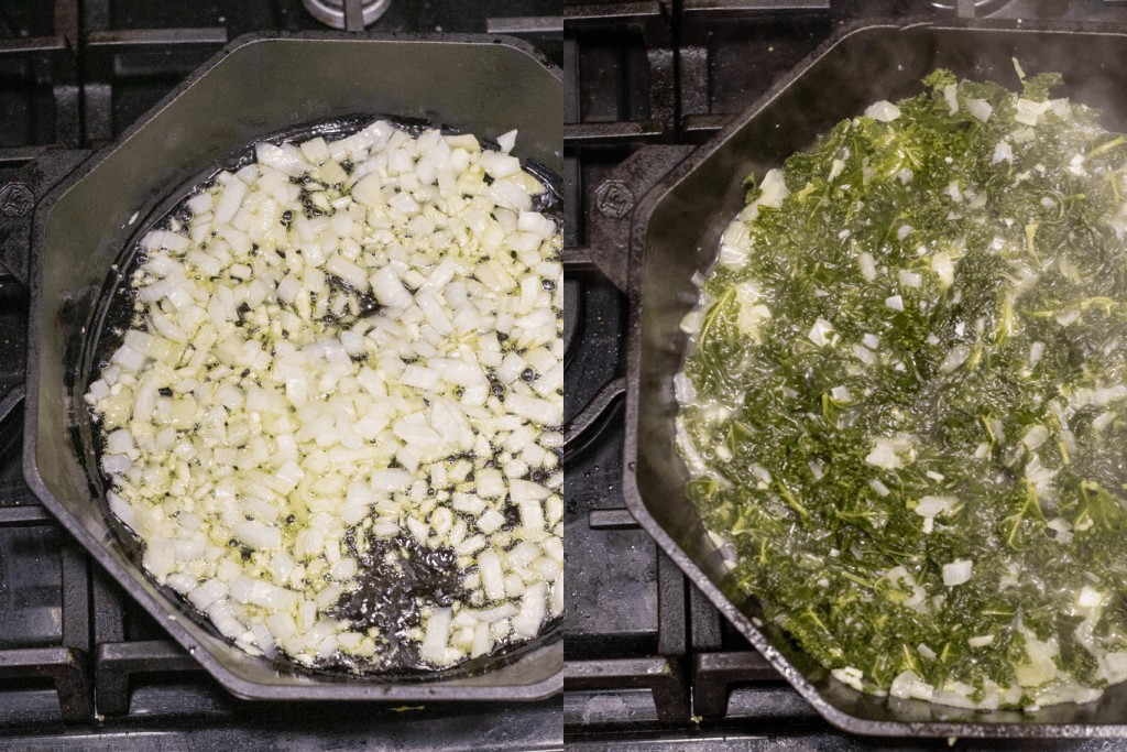 side by side of a cast iron with onions and garlic and with cooked kale.