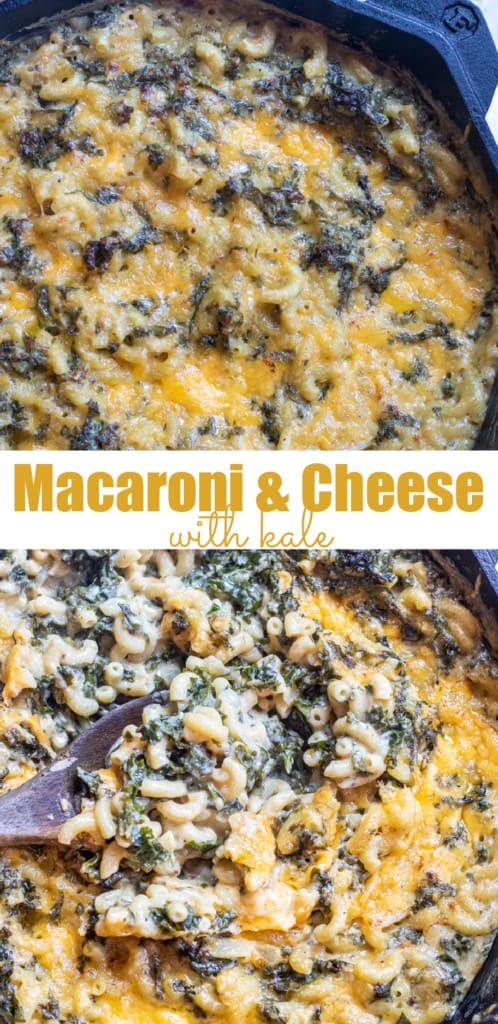 a skillet of mac and cheese and wooden spoon of it with Pinterest pin text.