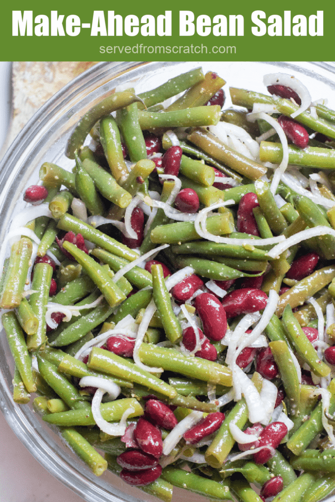 a large bowl of green bean and kidney bean salad with onions with Pinterest pin text.