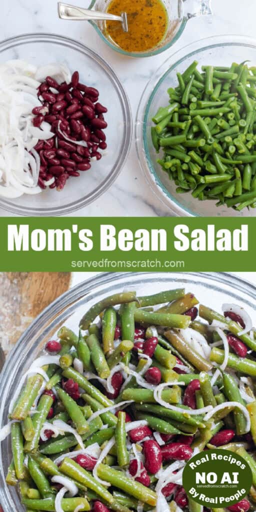 bowls of onion and beans and dressing and large bowl of it all mixed together with Pinterest pin text with NO AI sticker.