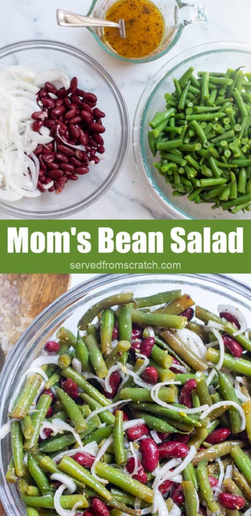 bowls of onion and beans and dressing and large bowl of it all mixed together with Pinterest pin text.