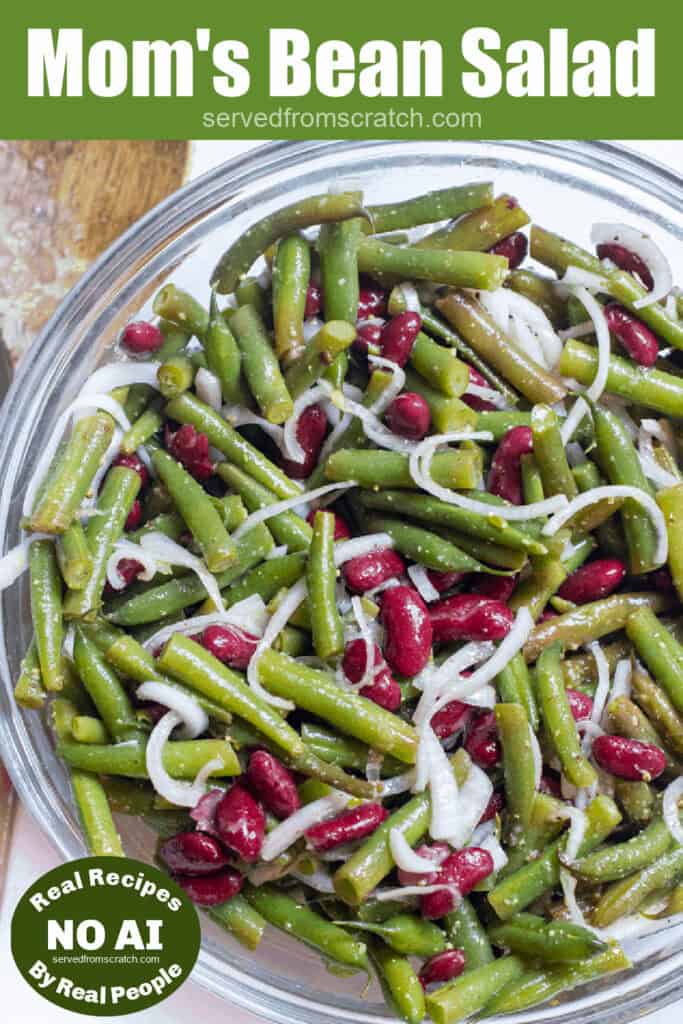 a large bowl of green bean and kidney bean salad with onions with Pinterest pin text with NO AI sticker.