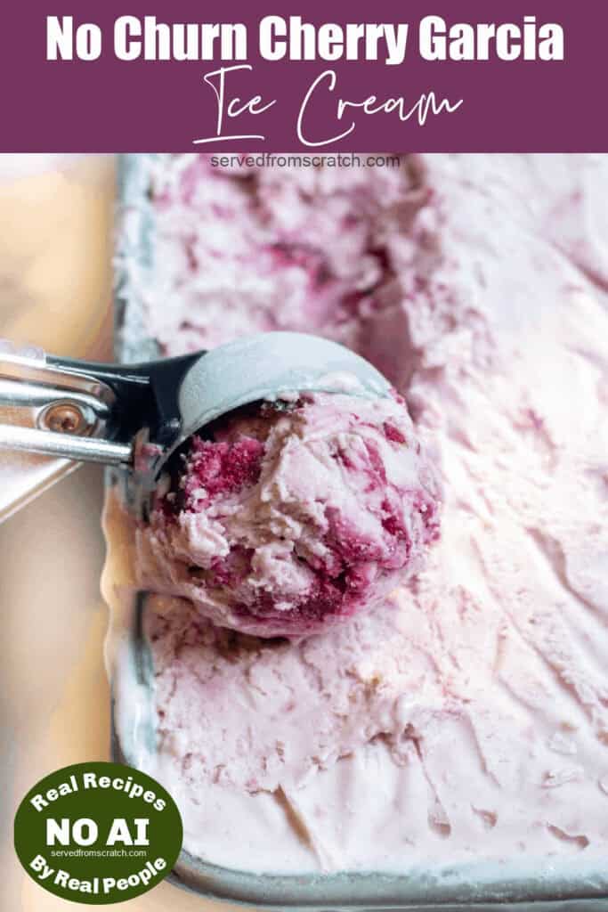 an ice cream scoop scooping cherry ice cream and Pinterest pin text and a NO AI sticker.