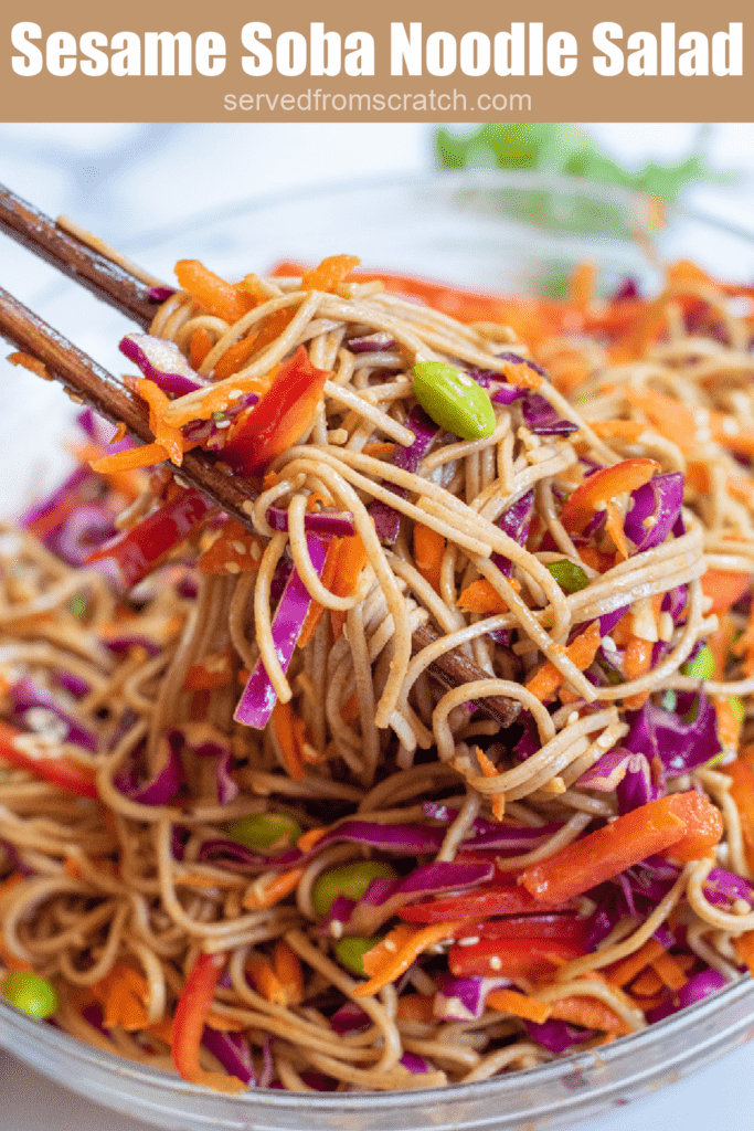 chopsticks holding up noodle salad with Pinterest pin text.