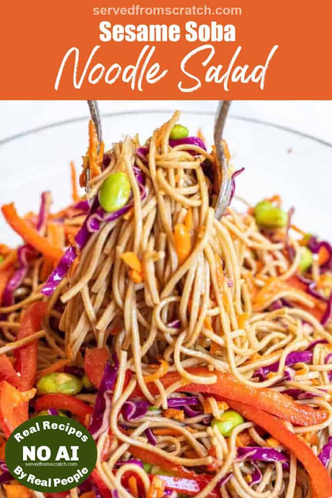 spoons mixing soba noodle salad with Pinterest pin text with NO AI sticker.