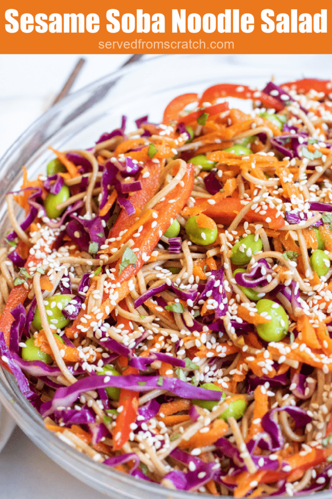 a bowl of sesame noodles and veggies with Pinterest pin text.