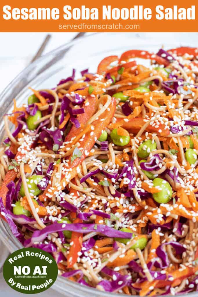 a bowl of soba noodles with cabbage, carrots, edamame, and sesame seeds with Pinterest pin text and a NO AI sticker.