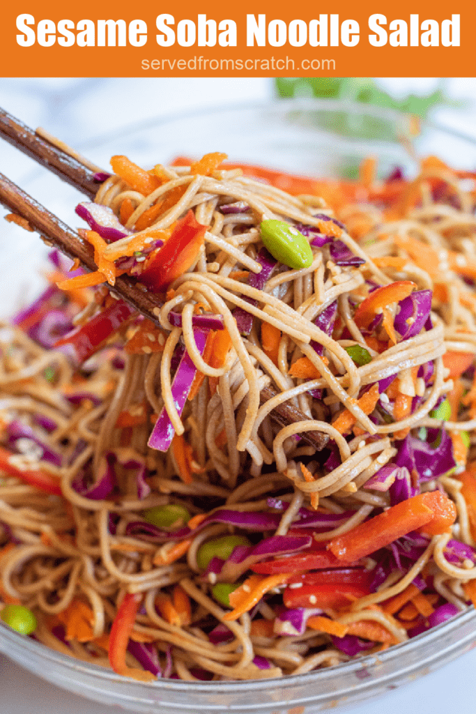 chopsticks holding up noodle salad with Pinterest pin text.