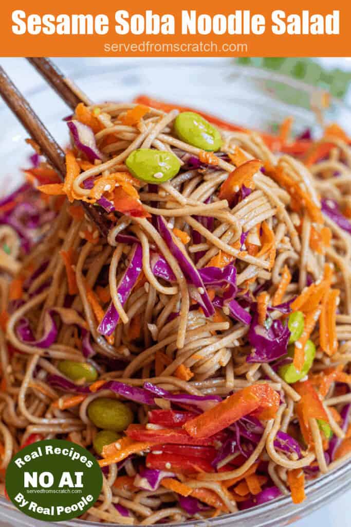 chopsticks holding up some noodles with edamame, carrots, cabbage, and red pepper with Pinterest pin text and NO AI sticker.