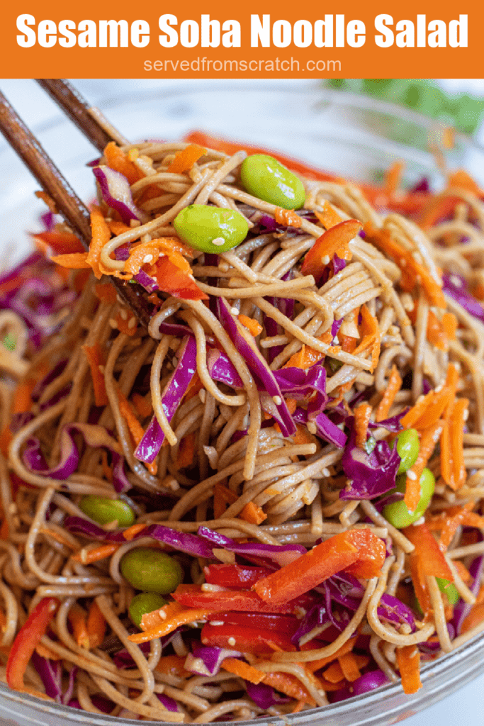 chopsticks holding up noodle salad with Pinterest pin text.