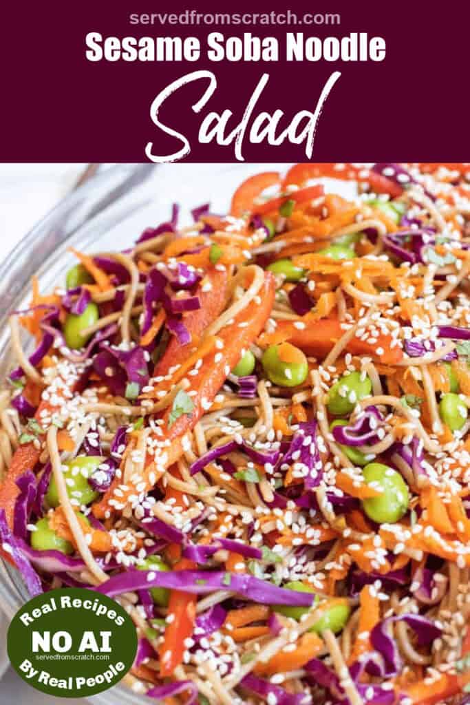 a bowl of soba noodles with cabbage, carrots, edamame, and sesame seeds with Pinterest pin text and NO AI sticker.