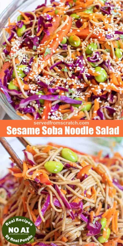 a bowl of soba noodle salad with veggies and sesame seeds, Pinterest pin text, and chopsticks holding some up and NO AI sticker.