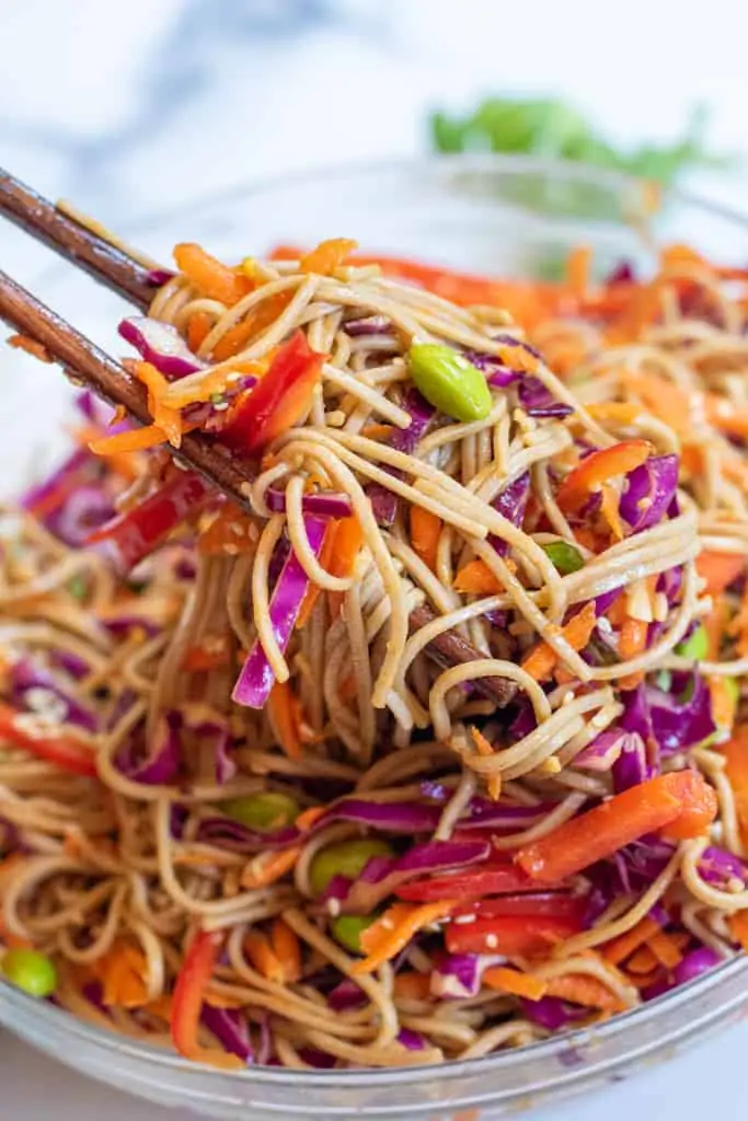 chopsticks holding up a soba noodle salad.