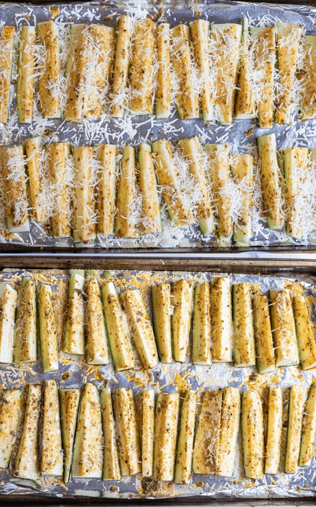 raw zucchini spears topped with Parmesan on baking trays and then a tray of them baked.