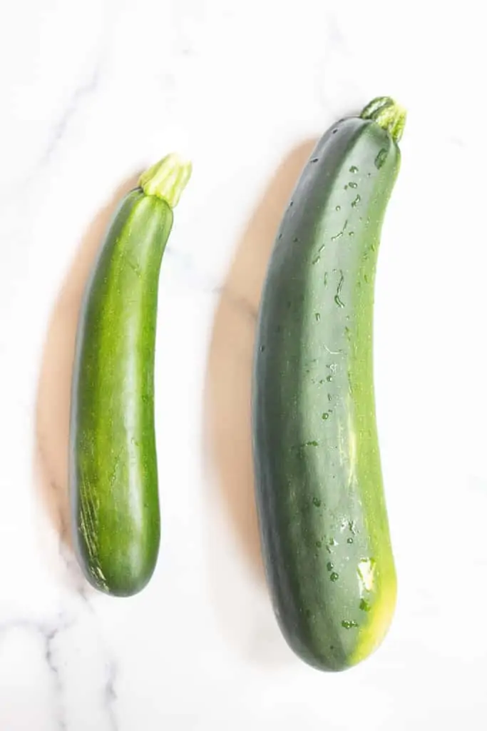 two zucchinis side by side, one regular and one large.