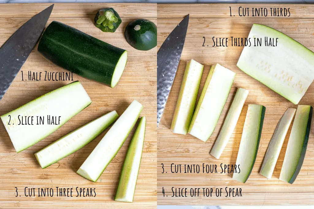 one sliced zucchini in spears and one extra large zucchini half in spears.