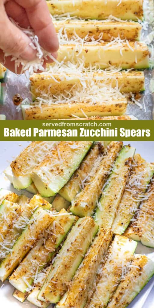 a hand sprinkling parmesan cheese on zucchini spears and then the spears baked on a plate.