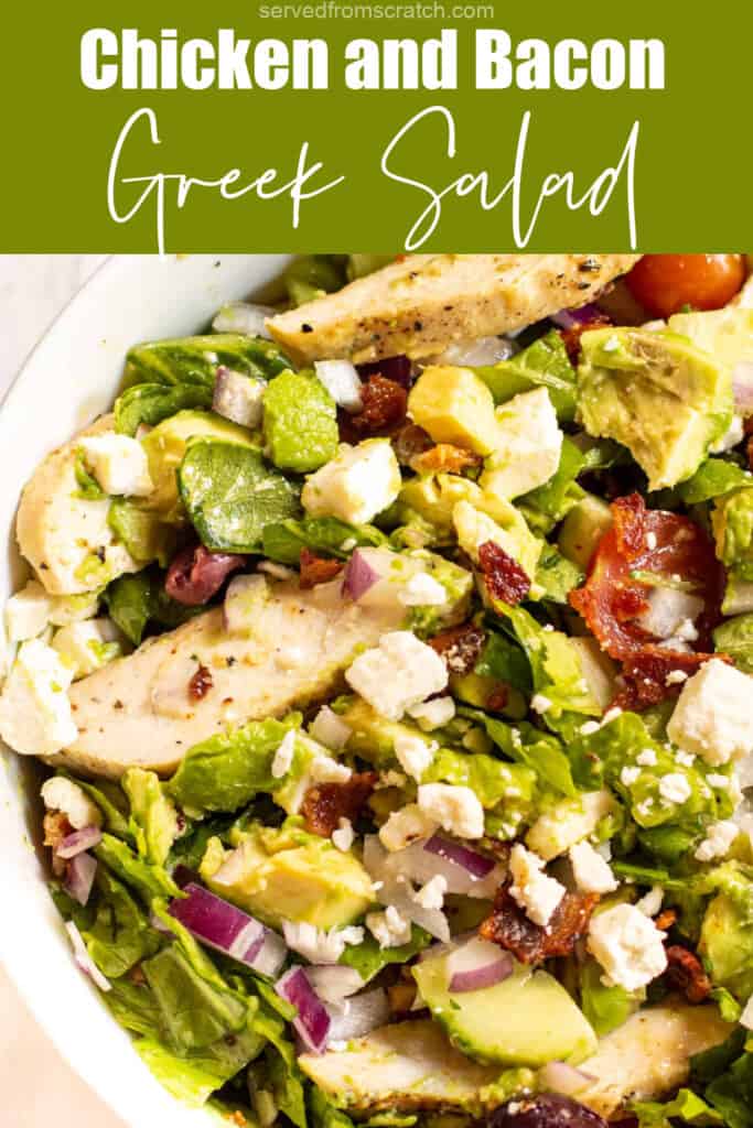 a Greek salad with chicken and Pinterest pin text.