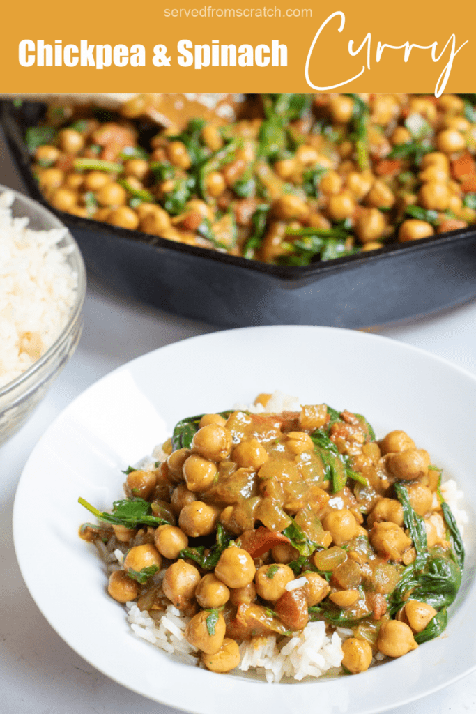 a plate of rice topped with chickpea curry in front of cast iron with curry with Pinterest pin text.