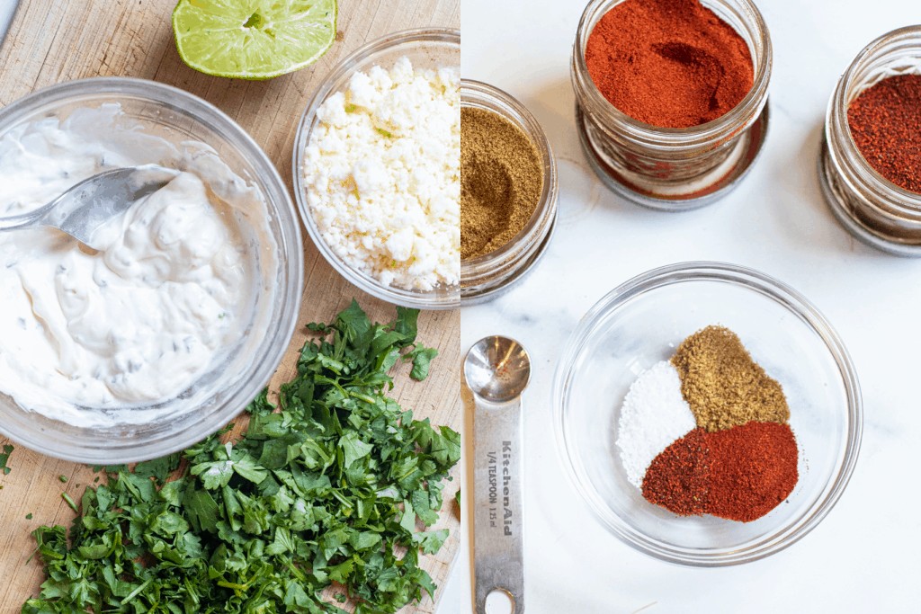 bowl of sour cream and mayo next to cilantro and lime and cheese with a bowl of spices.