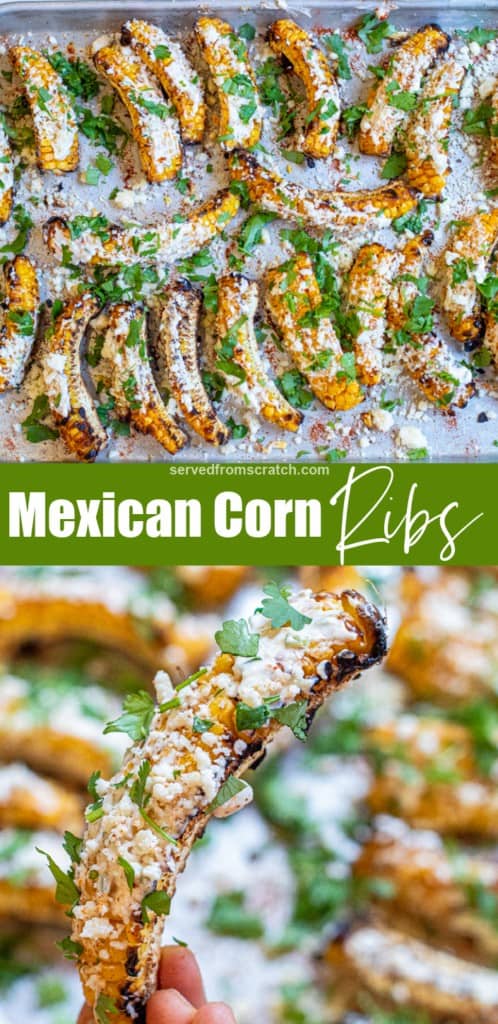 cooked Mexican corn ribs, coated with cheese and cilantro and Pinterest pin text.