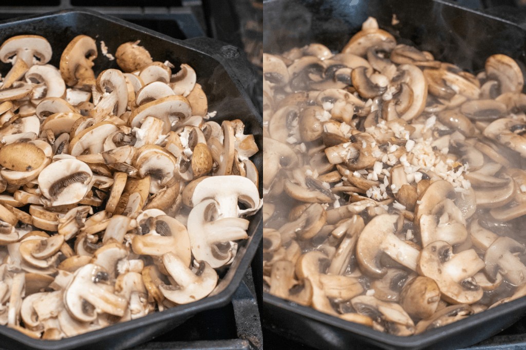 cast irons with sliced mushrooms and cooked with garlic on top.