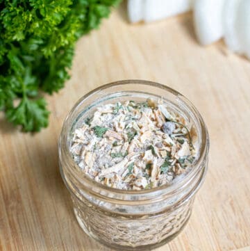 a small open mason jar with onion soup mix.