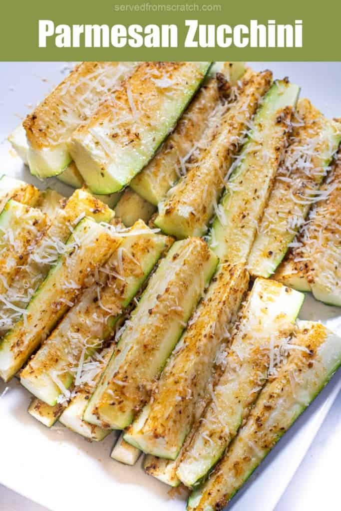 a plate of baked zucchini fries with cheese with Pinterest pin text.