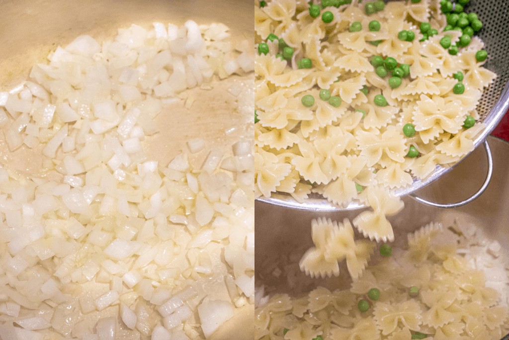 onion and garlic in a pot and pasta and peas being added in.