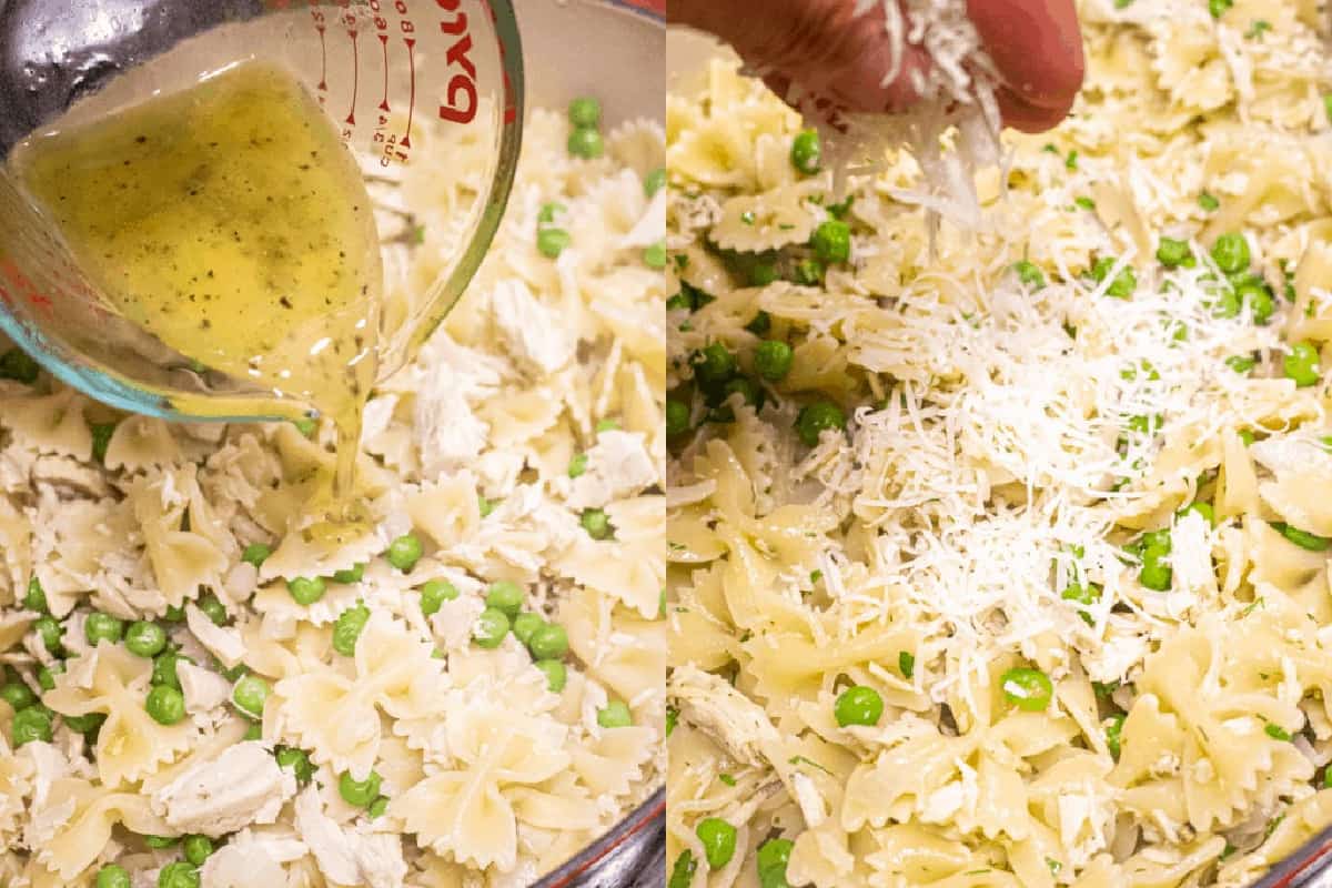 dressing being added to pasta and cheese being added to pasta.