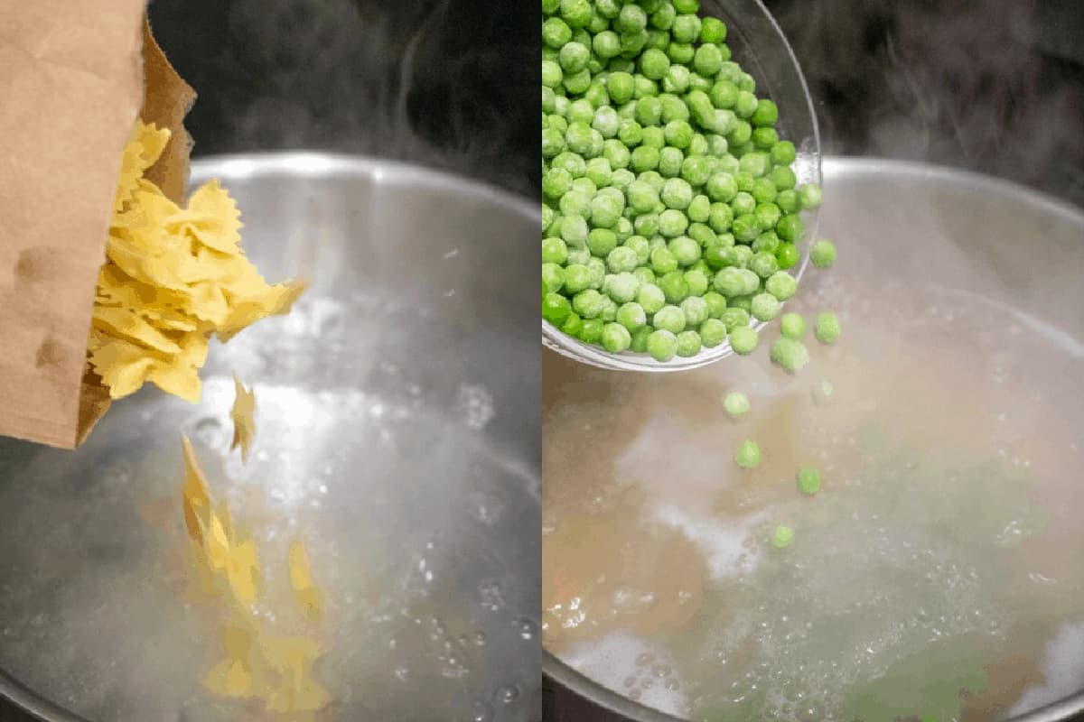 adding pasta to a boiling pot of water and peas.