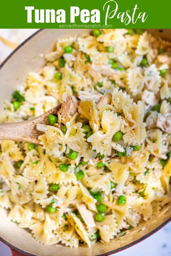 a pot of pasta, peas, and tuna with a wooden spoon and Pinterest pin text.