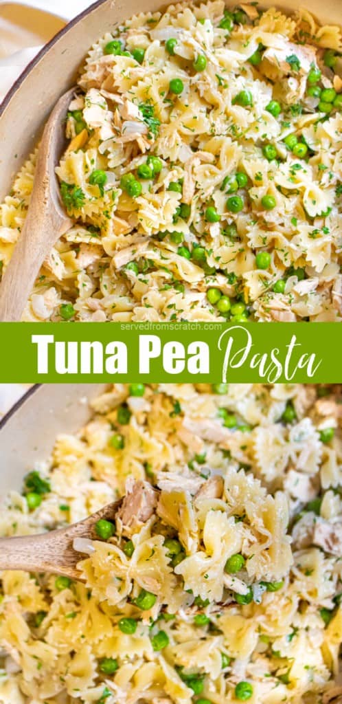 a pot of pasta, peas, and tuna with a wooden spoon and Pinterest pin text.