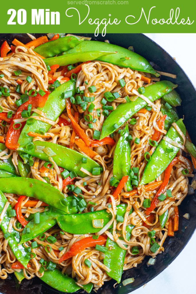 a pan with cooked veggies and noodles with Pinterest pin text.